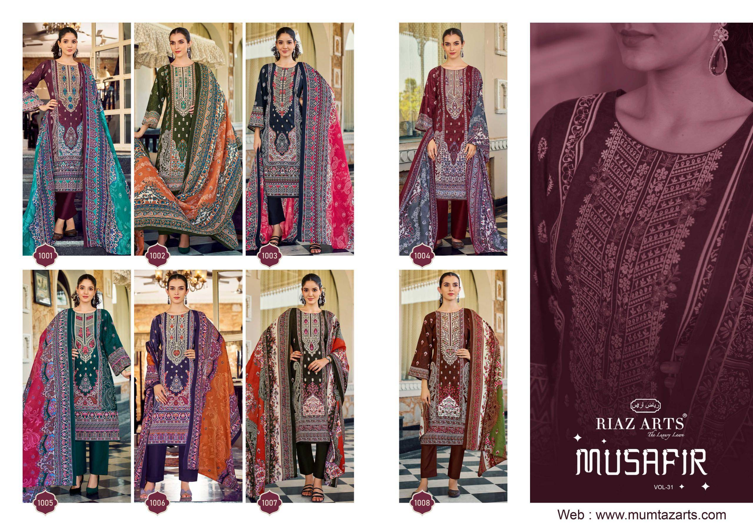  MUSAFIR vol-31 BY RIAZ ARTS PRINTS 1001 TO 1008 SERIES Pakistani Stylish Embroidered cotton camric Dresses At Wholesale Price